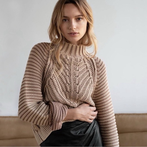 Free People Sweetheart Chunky Knit Mock Neck Oversized Sweater Large Tan Nude - Picture 14 of 16